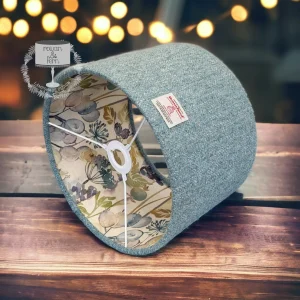 Harris Tweed Light Blue & Silver Herringbone with Voyage Hedgerow Sky Linen Double Sided Lampshade